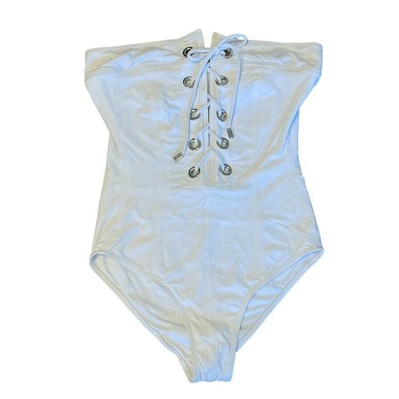 PilyQ Inca Swimsuit White Pearl Corset Detail Strapless One Piece Sz Small - Picture 3 of 7